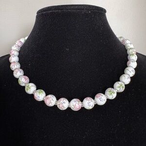 Handmade Floral Porcelain Beaded Necklace 18", Silver Clasp
